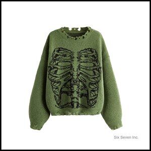 Oversized Skeleton Pattern Ripped Pullover Sweater Chunky Y2K Gothic